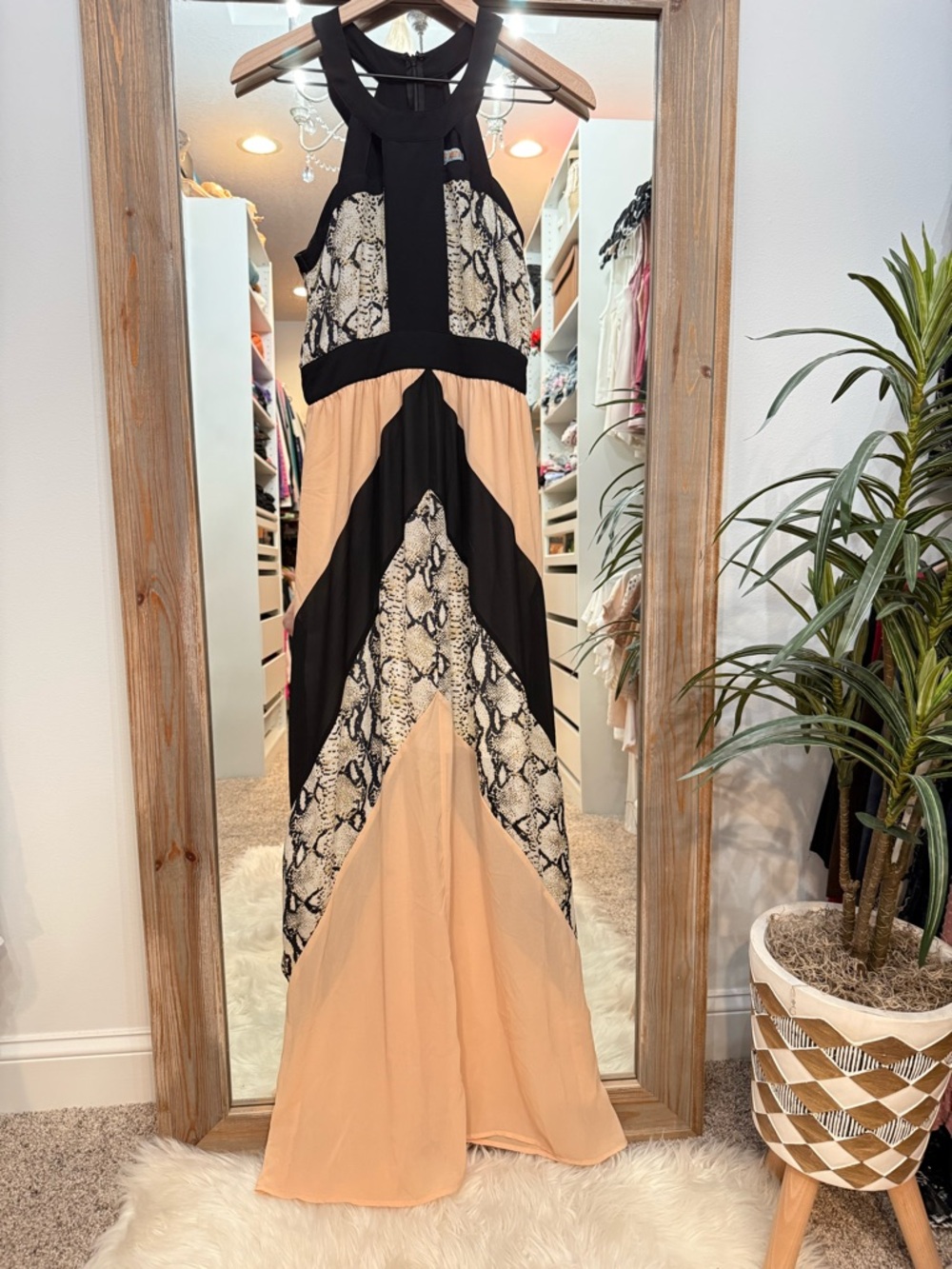 Snake-Print Maxi Dress in Peach and Black